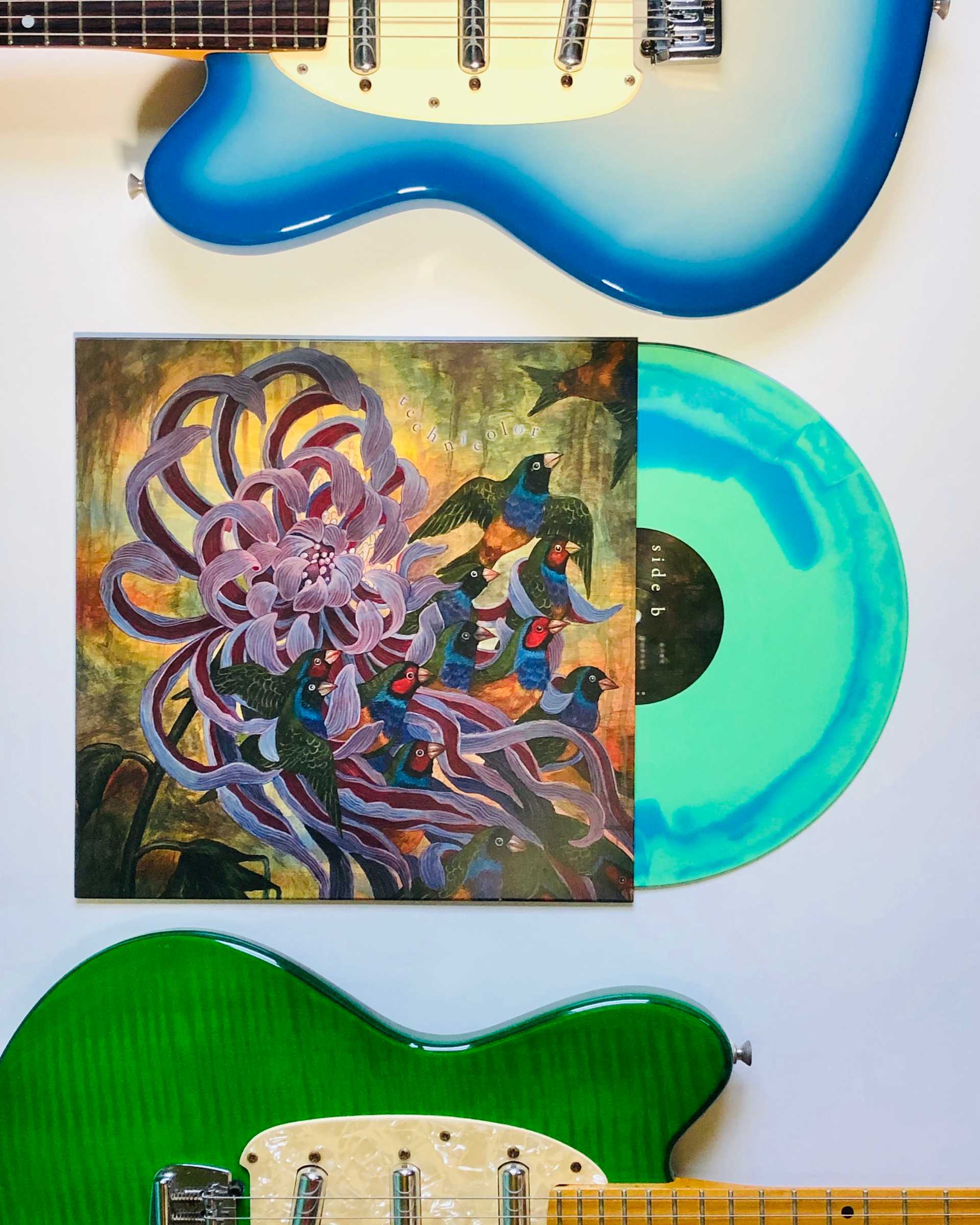 Covet's technicolor album on vinyl, surrounded by two Talman guitars