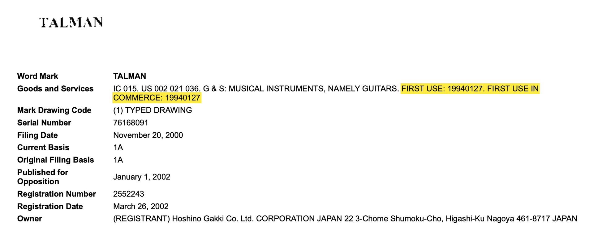 screenshot of Talman workmark from USPTO, highlighting the first use date